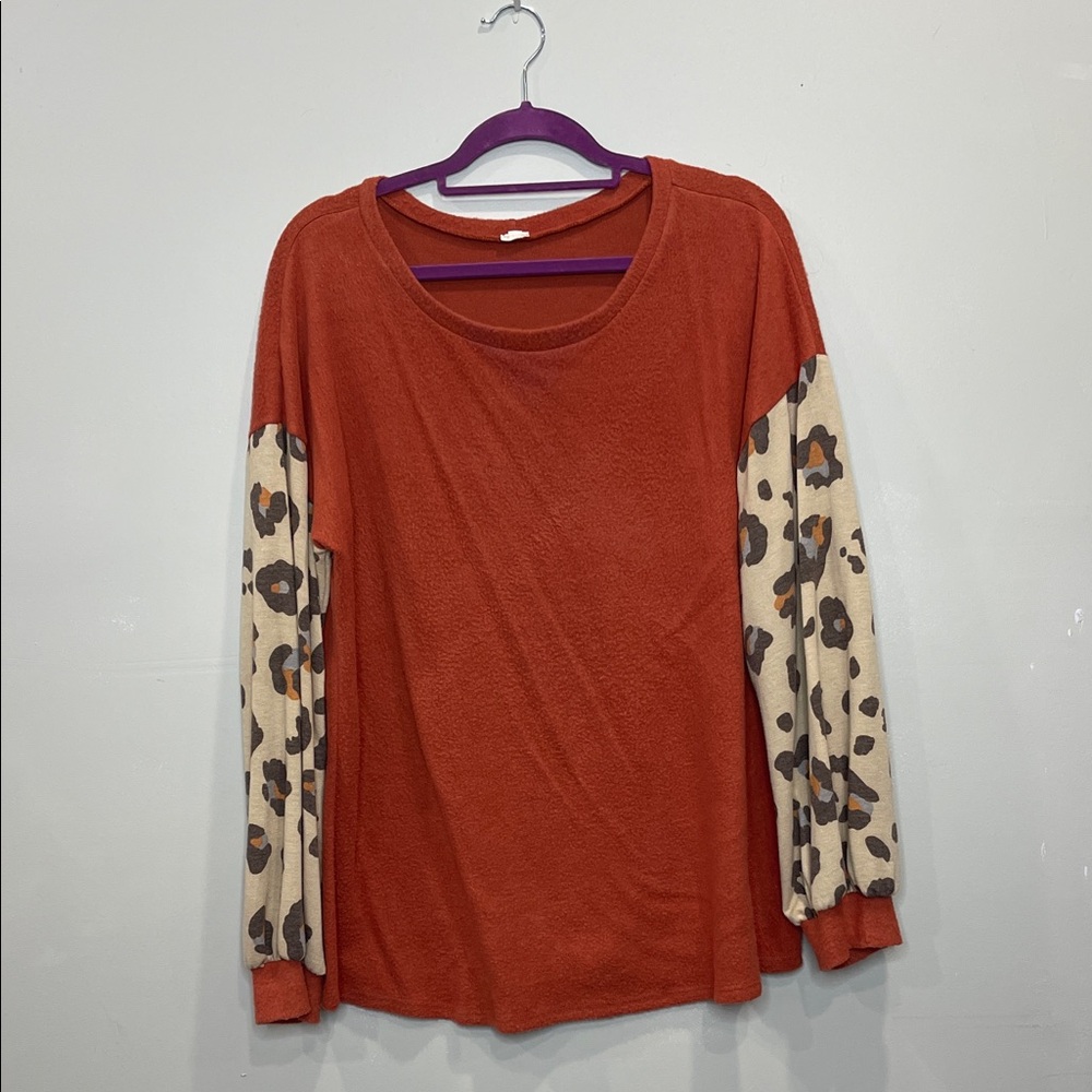 Rust Long Sleeve Top with Patterned Sleeves